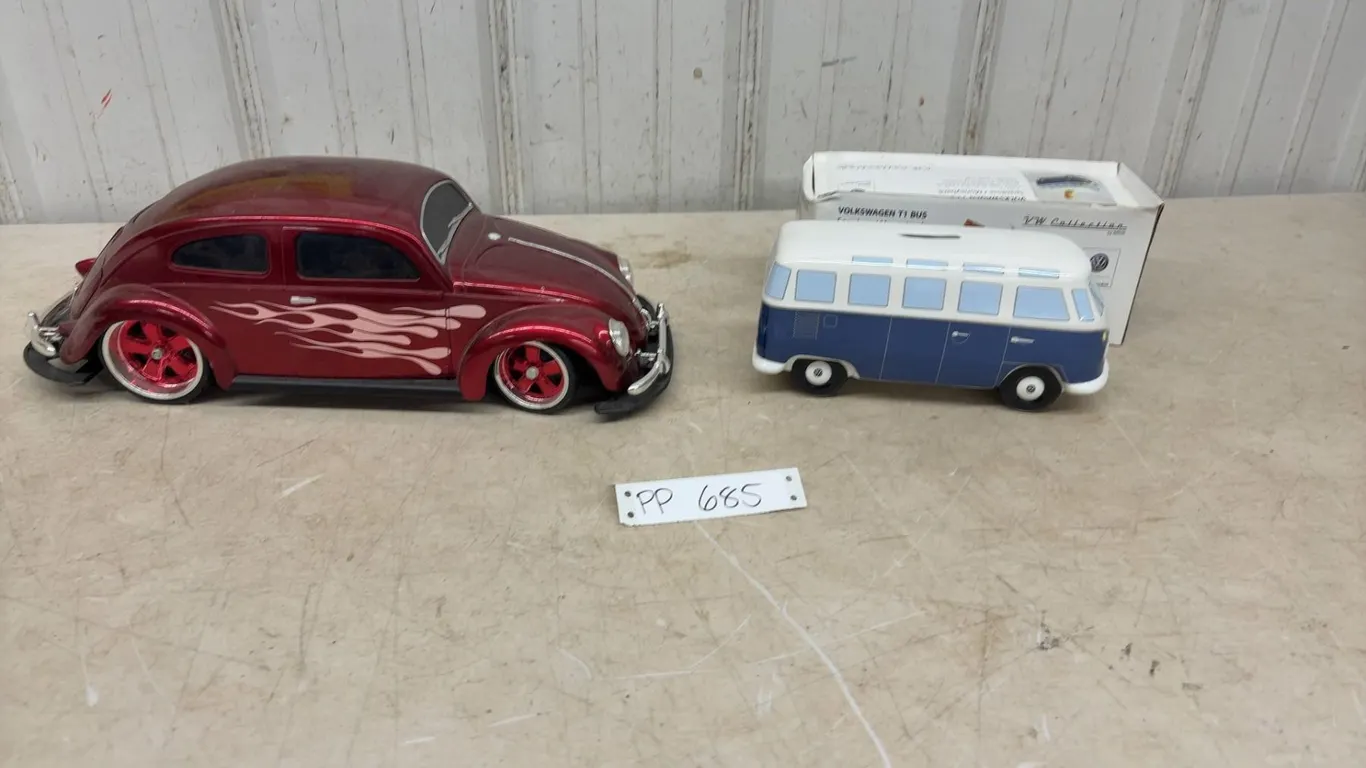 Volkswagen Beetle Model with Flames and BRISA VW Collection T1 Bus Porcelain Coin Bank
