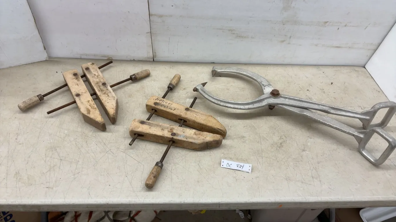 Vintage: Wooden Handscrew Clamps and Cast Metal Ice Tongs