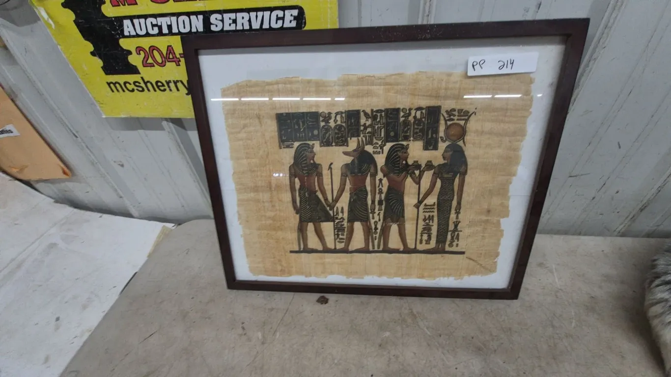 Framed Papyrus Art, Egyptian Deities and Hieroglyphs, 17”×21”