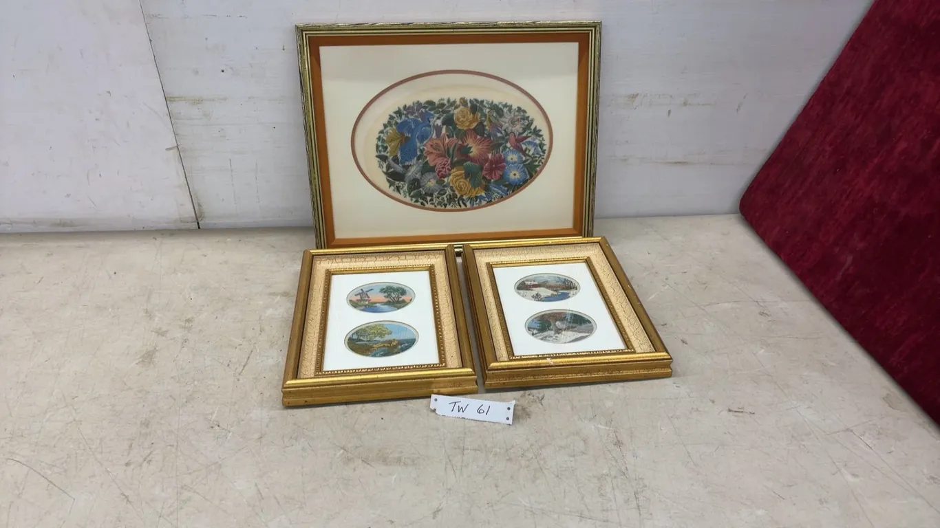 Three Framed Needlework Artworks, Three Framed Petit Point Floral Bird Oval and Two Landscape