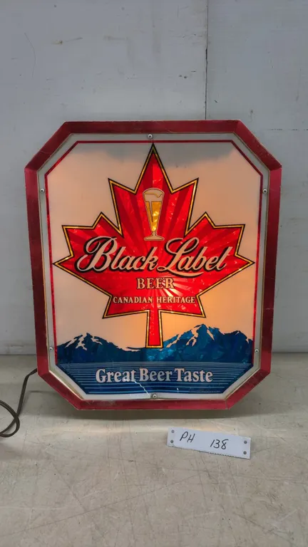 Vintage Black Label Beer "Canadian Heritage" Octagonal Lighted Advertising Sign, 16 × 13”