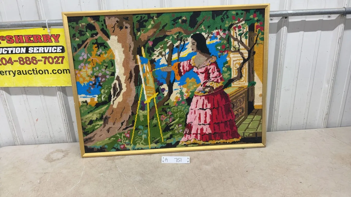 Framed Needlepoint Tapestry of Woman Painting at Easel in Garden Scene - 29.5” x 22”