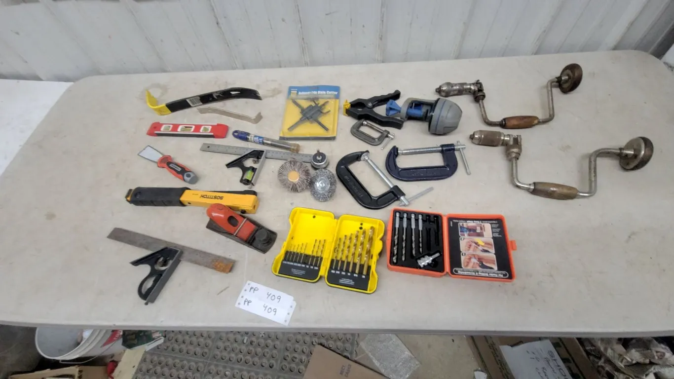 Assorted Hand Tools: Hand Drills, C-Clamps, Drill Bit Sets, Bostitch Stapler