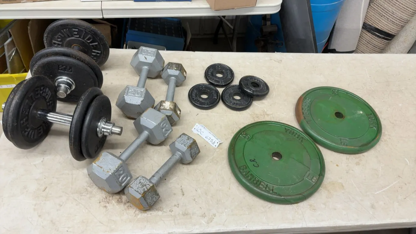 York Barbell Weight Plates, Weider Adjustable Dumbbells, 20 Pound Hex Dumbbells