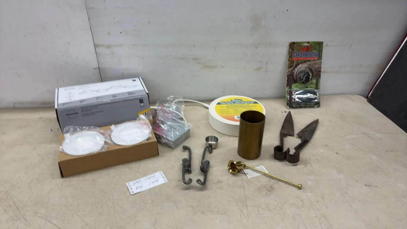 New 4-Piece Recessed Lighting Kit, Pocket Chainsaw, Drywall Tape, Brass Candle Holder, Shears