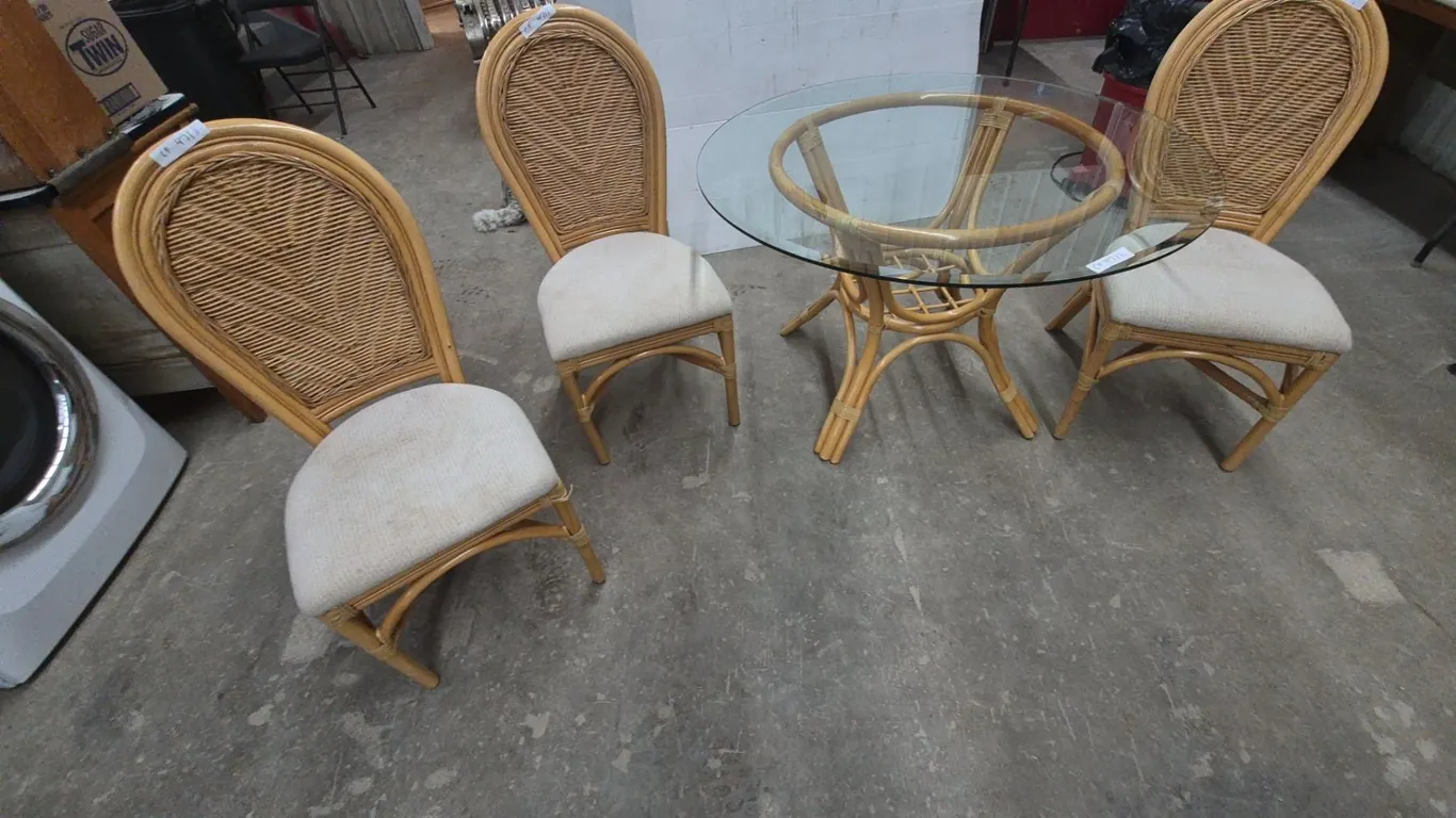Rattan and Glass Dining Table with Three Rattan Dining Chairs