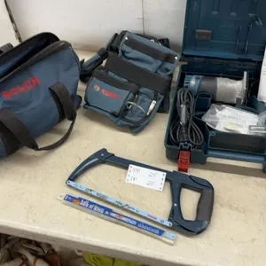 Bosch Router Kit, Tool Bag, Tool Belt, and Hacksaw with Extra Blades