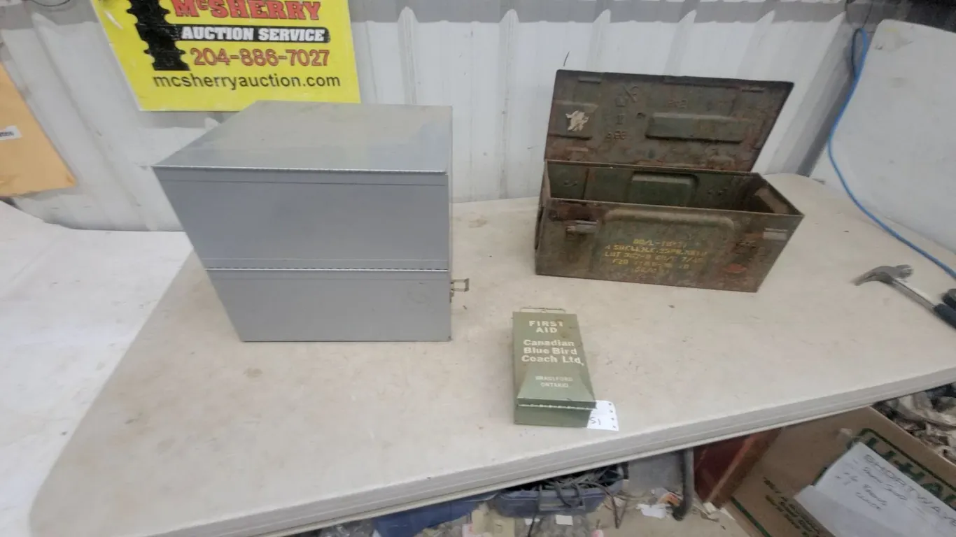Vintage Ammo Box, Metal Storage Box, and Canadian Blue Bird Coach First Aid Kit