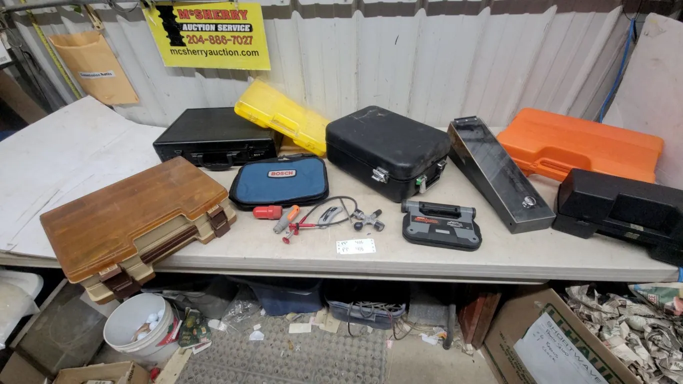 Assorted Cases and Tools: Bosch Bag, Eliminator LED Work Light, Black Briefcase
