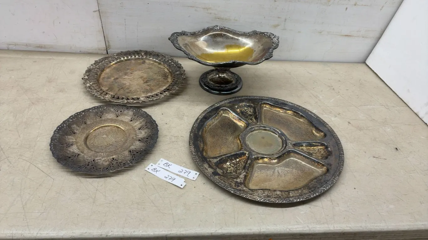 Silver-Plated Serving Ware Including Footed Compote, Pierced Trays, and Segmented Platter