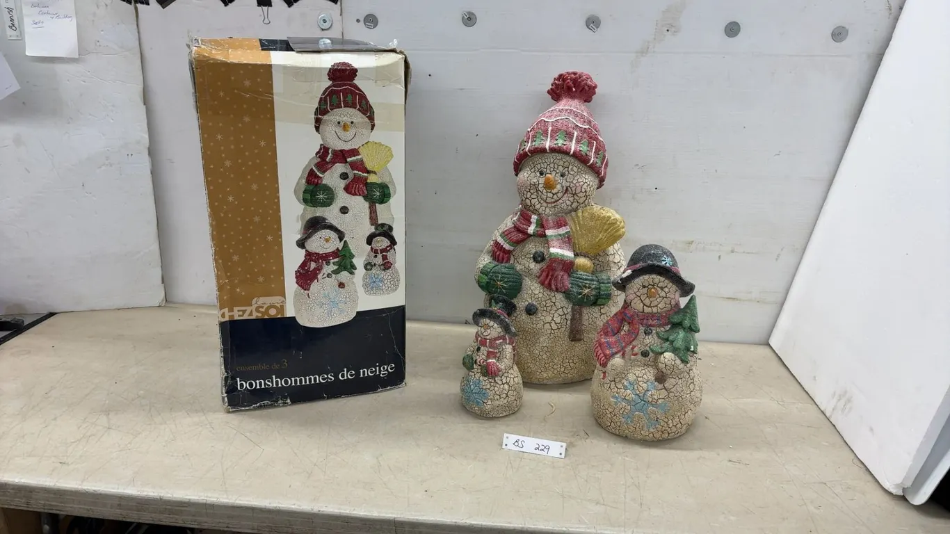 Three Piece Decorative Snowman Figurines, Tallest 23”