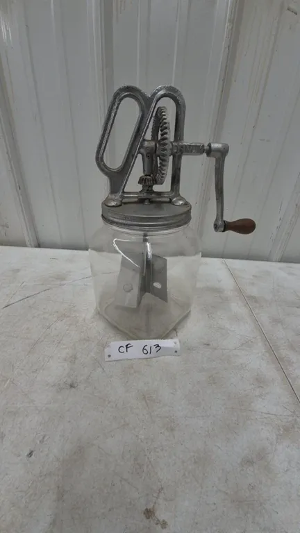 Vintage Butter Churn with Glass Jar, Metal Lid, and Wood Handle