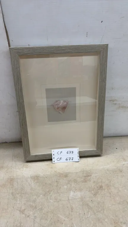 Framed Raw Rose Quartz Crystal Specimen in Gray Wood Frame, 16 × 12”
