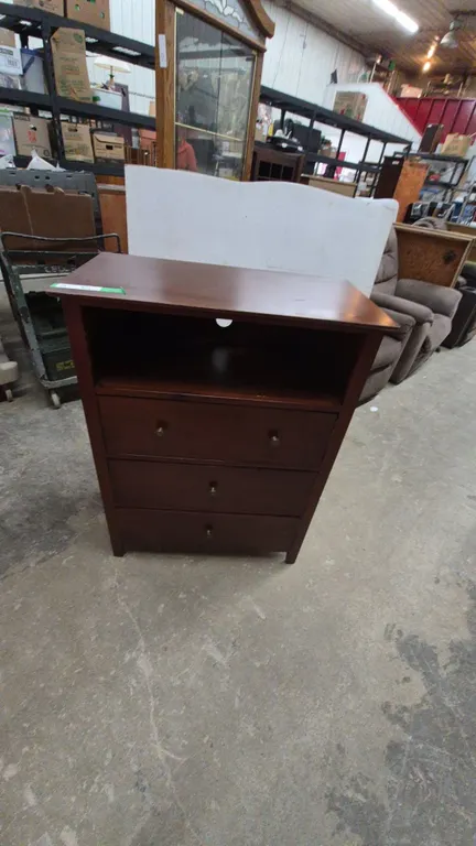 Brown Wood Media Chest with Open Shelf and 3 Drawers 39”×29.6”×16”