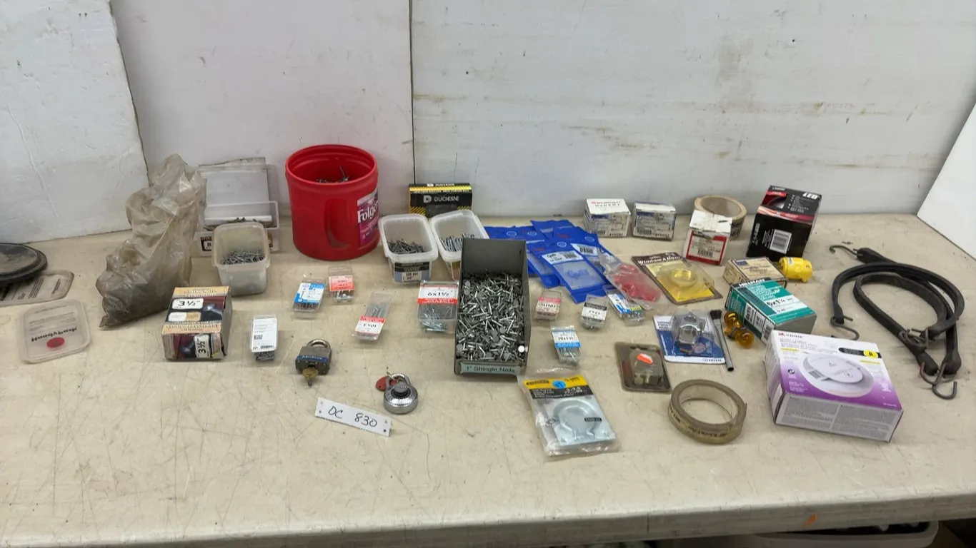 Assorted Hardware, Alligator Clips, Nails, Screws, Locks, Smoke Alarm