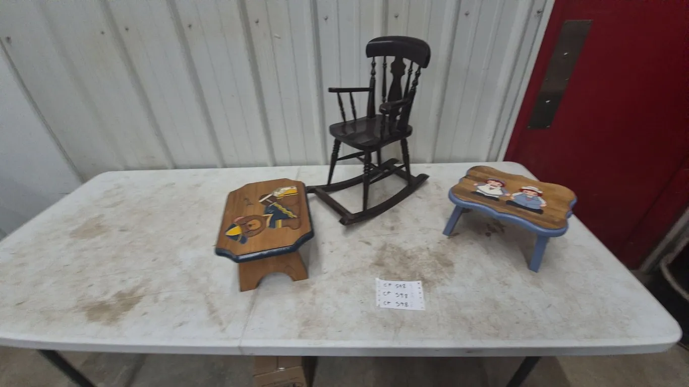 Child's /doll Rocking Chair and Two Hand-Painted Wooden Footstools/steppers