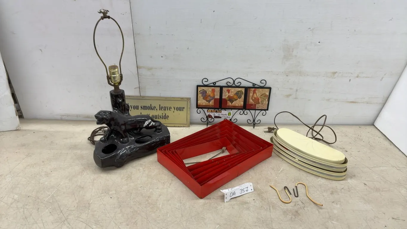 Vintage Panther Lamp, "If You Smoke" Sign, Rooster Wall Hooks, and Metal Lamp Shade. (Needs Repair)