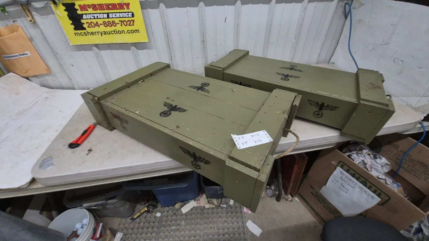Pair of German Ammunition Crates with Eagle and Swastika Insignia. 34”×18”×7”