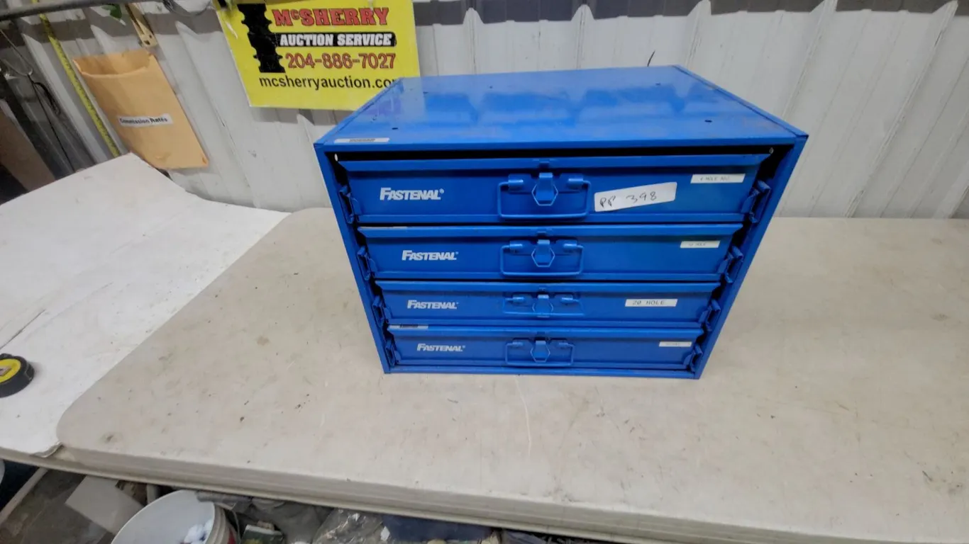 Fastenal 4-Drawer Metal Storage Cabinet with Contents tools and hardware, 20”×15”×16”