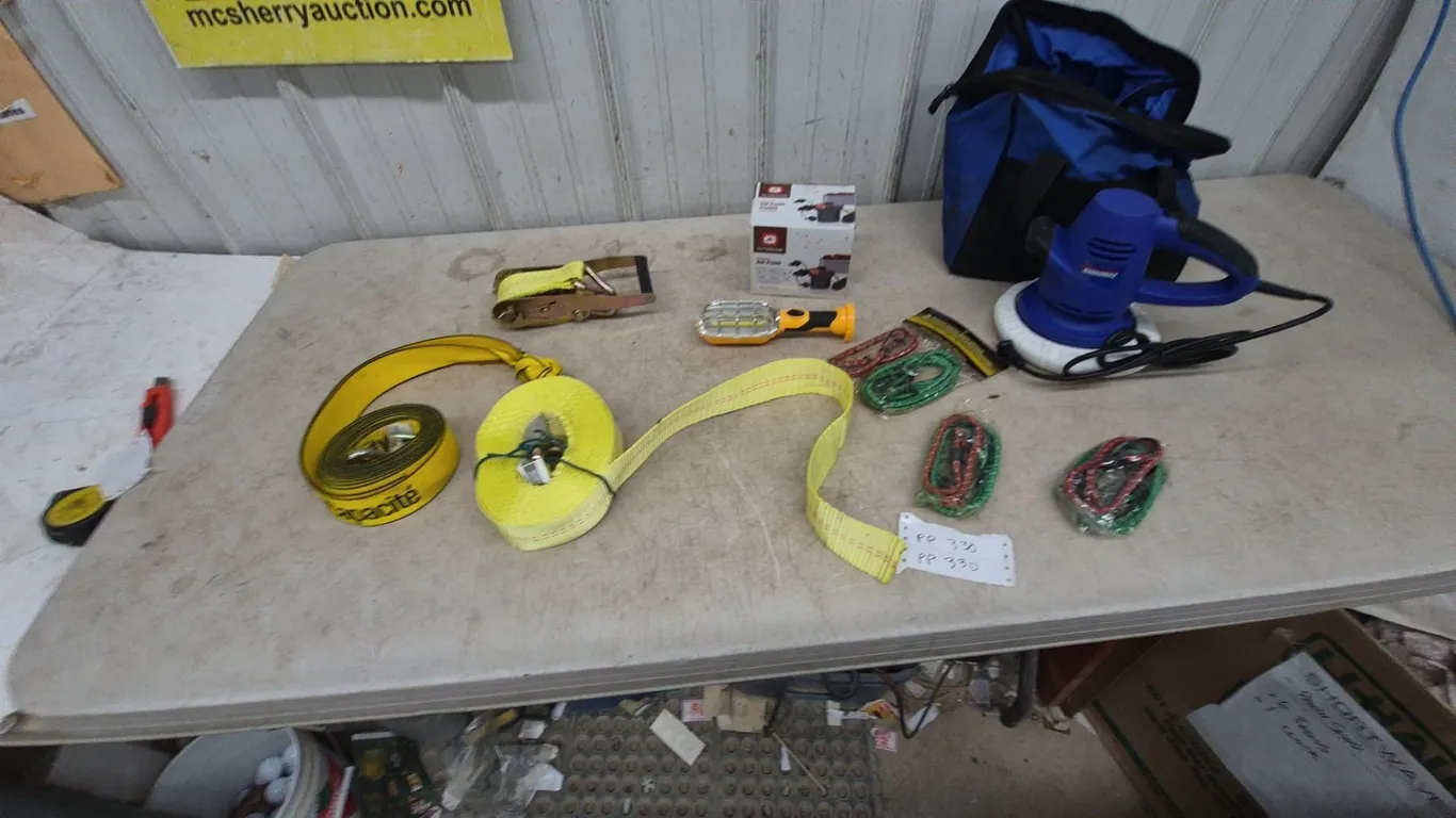 Simoniz Polisher, Outbound Air Pump, LED Work Light, Ratchet Straps, Bungee Cords