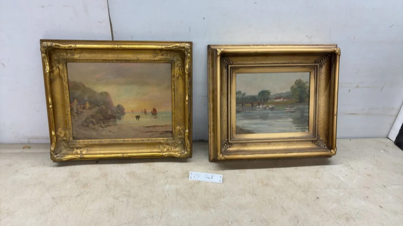 Two Framed Oil Paintings, Robert Stewart River Landscape 1920 and Coastal Sunset Scene, Gilt