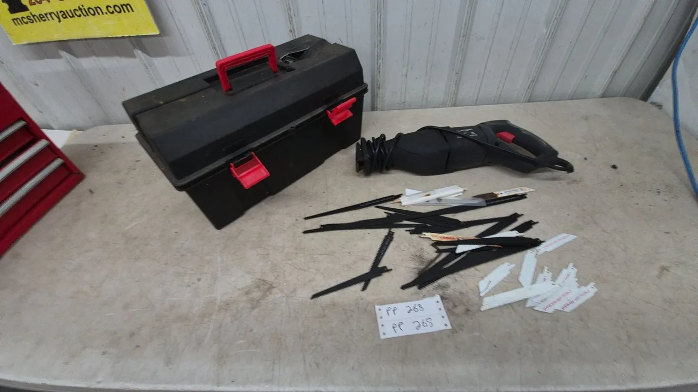 Jobmate Reciprocating Saw (120V, 6.5A, 0-2800 RPM), Tool Box, and Saw Blades