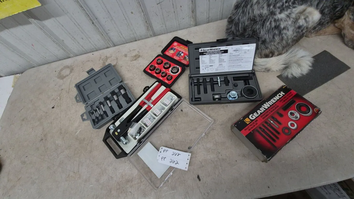 GearWrench Pulley Puller and Installer Set, Super Sockets (10-18mm), and Bolt Extractors riveter