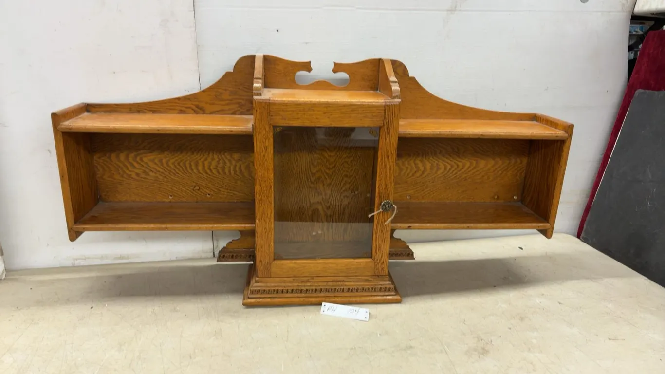 Antique Mission Style Oak Wall Shelf With Central Glass-Front Curio Cabinet, 21 1/2 × 44 1/2 × 9”