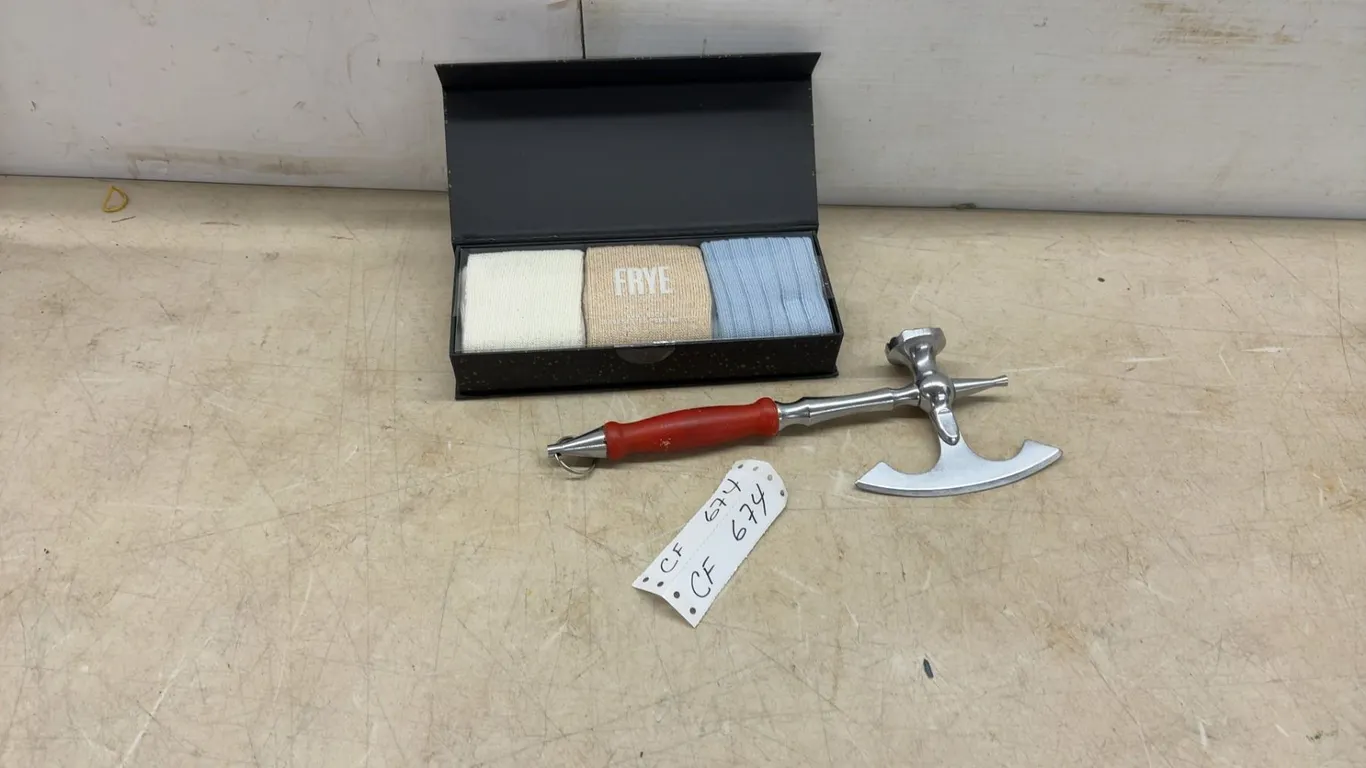 Frye Boot Socks 3-Pair Gift Box Set and Polished Metal Ceremonial Axe with Red Handle, 11 1/2”