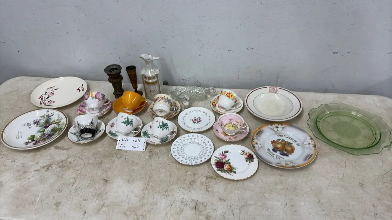 Royal Albert "Candy Tuft" and Other Teacups and Saucers, Green Depression Glass Plates