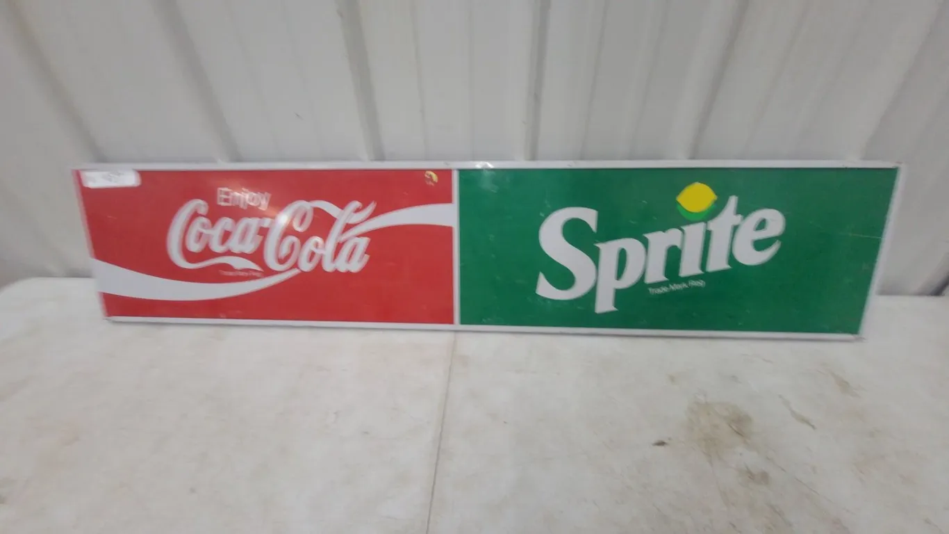 Coca-Cola and Sprite Metal Sign, R "Enjoy Coca-Cola" and "Sprite Trade Mark Reg. 10”×48”