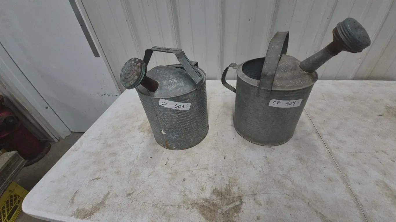 Two Galvanized Metal Watering Cans with Handles and Spouts