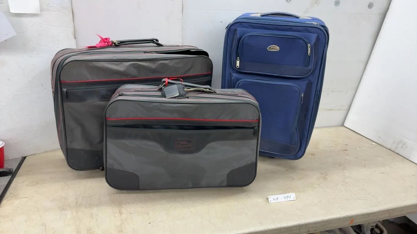 Three Pieces Luggage, Blue Wheeled Upright and Gray/Black Bags with Red Trim