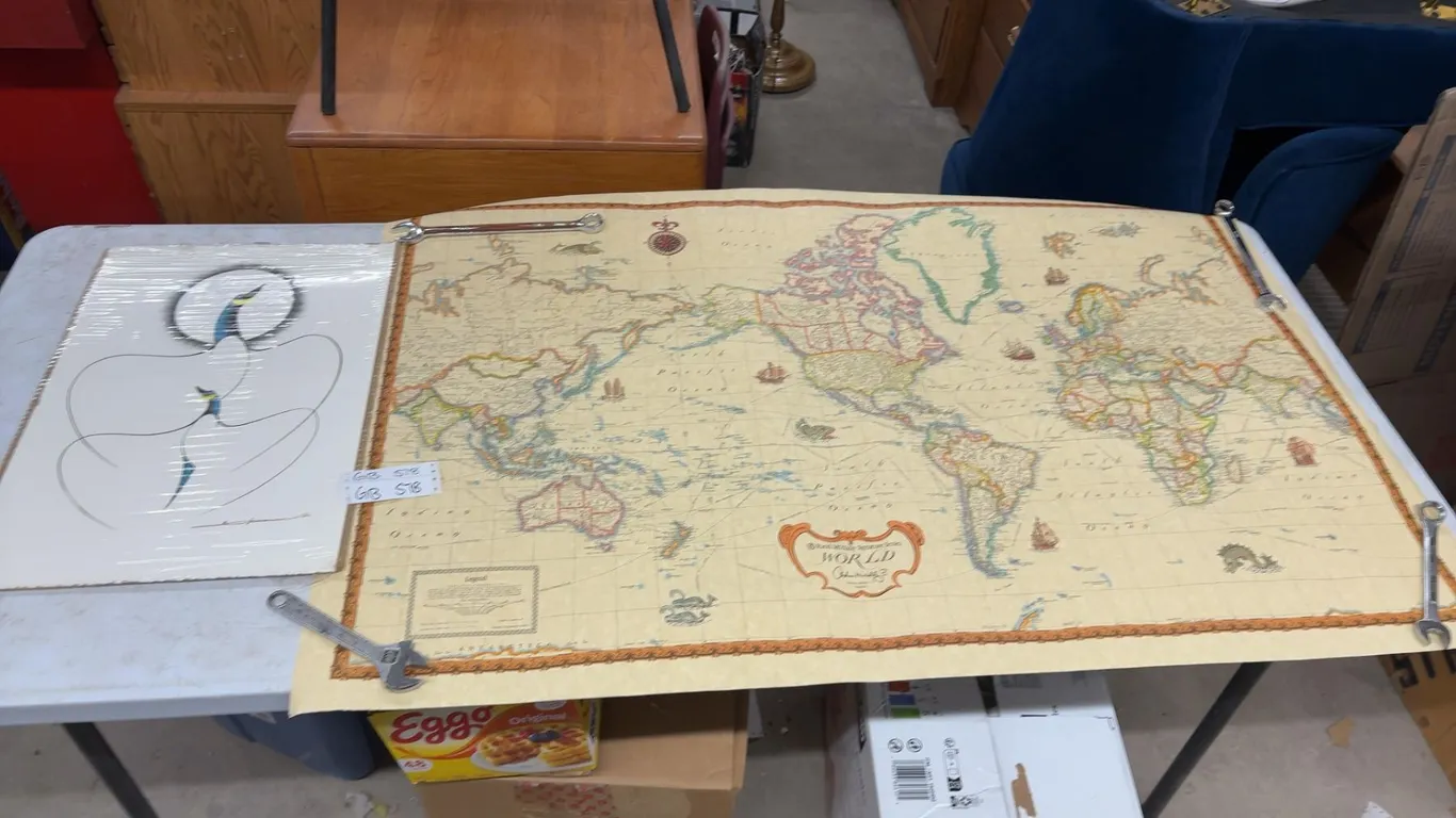 15” x 22” Signed 1989 Sweet Pea Print, McNally Antique Series Map- Ships and Monsters
