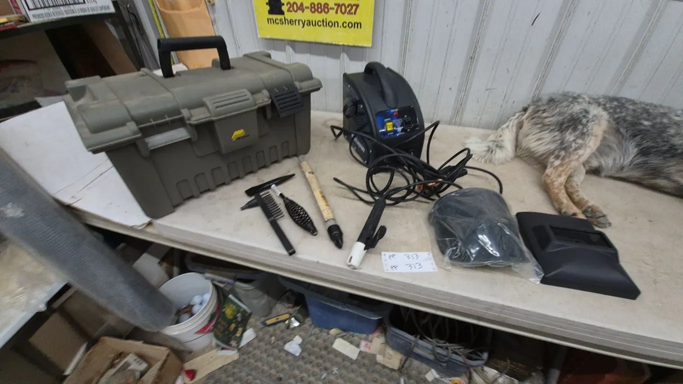 Mastercraft Welder, Welding Shield, Chipping Hammer, and Tool Box