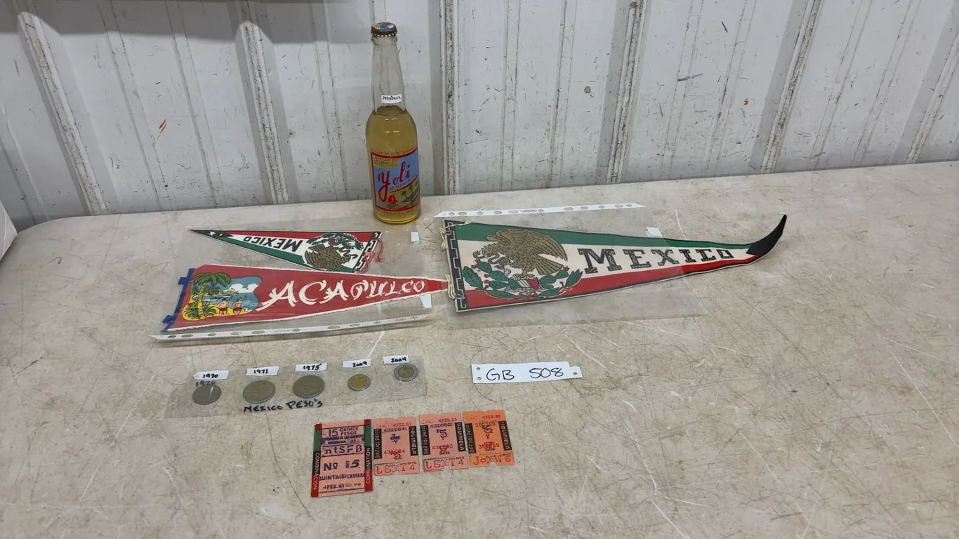 Mexican Lot: Unopened Mexican Drink, 3 Felt Pennants, Quiniela Tickets, 2004 Peso’s