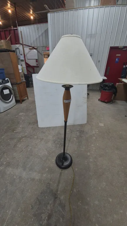 Floor Lamp with Tapered Wood and Metal Base, Fabric Shade, and Power Cord