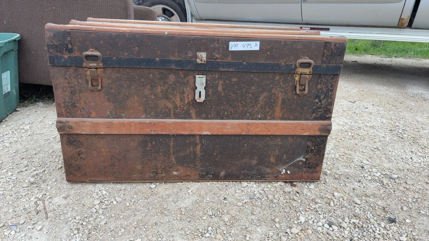 Antique Metal-Clad Steamer Trunk With Wooden Slats and Leather Handles, 20 × 34 × 17 1/2”