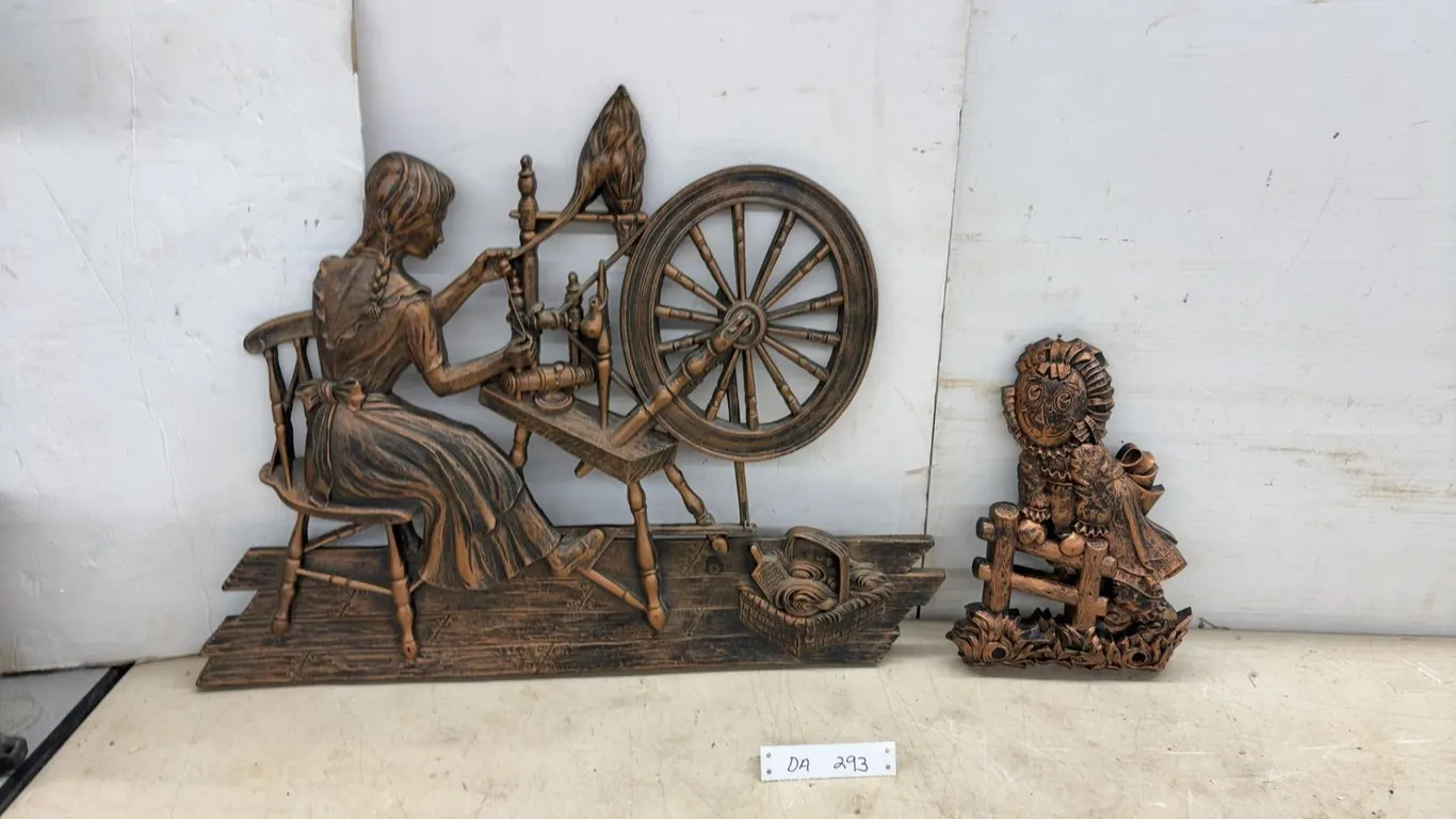 Coppercraft Sculptures, Woman at Spinning Wheel and Scarecrow on Fence, Largest 20 × 25”