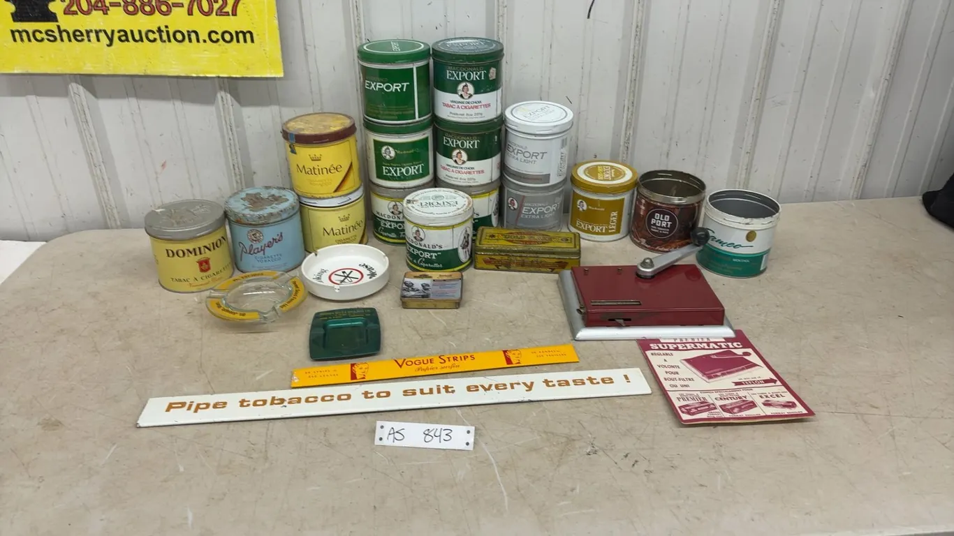 Vintage Tobacco Tins, Premier Supermatic Cigarette Roller, Ashtrays, and Vogue Strips Papers