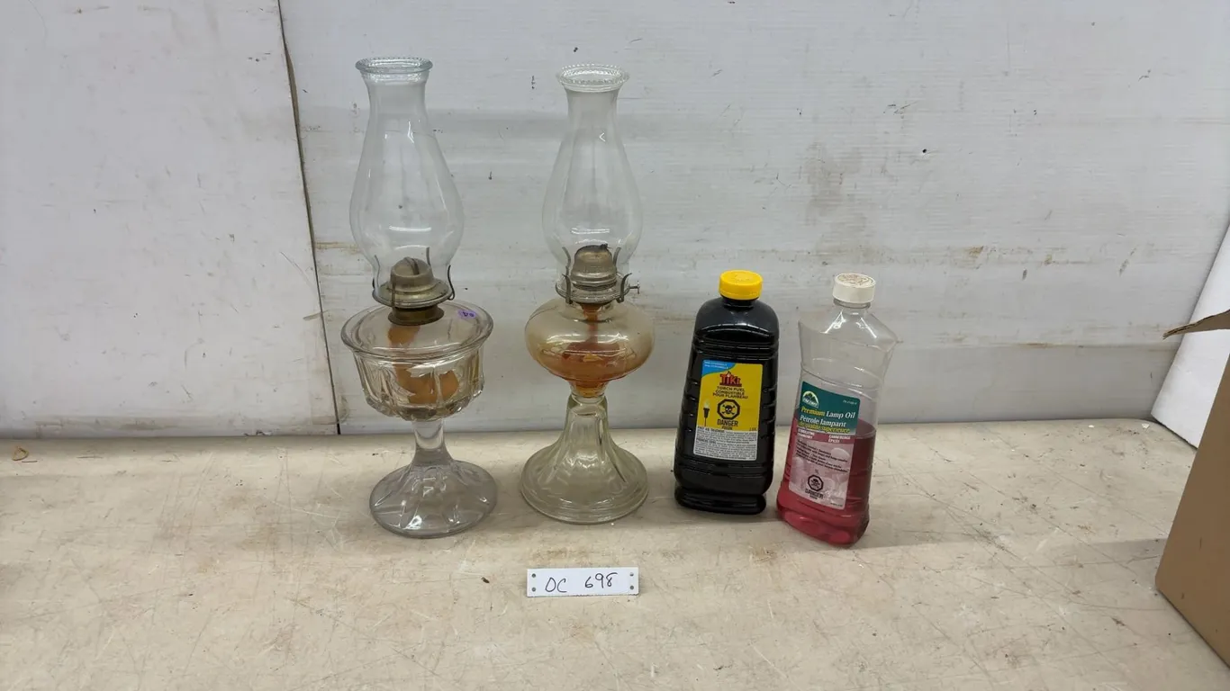 Two Vintage Glass Oil Lamps With TIKI 1.8L Citronella Torch Fuel and ESCORT 1L Lamp Oil, Partially
