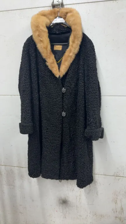Vintage J. Pilutik Fur Co. Winnipeg Black Persian Lamb Coat with Brown Fur Collar. Sz M-L