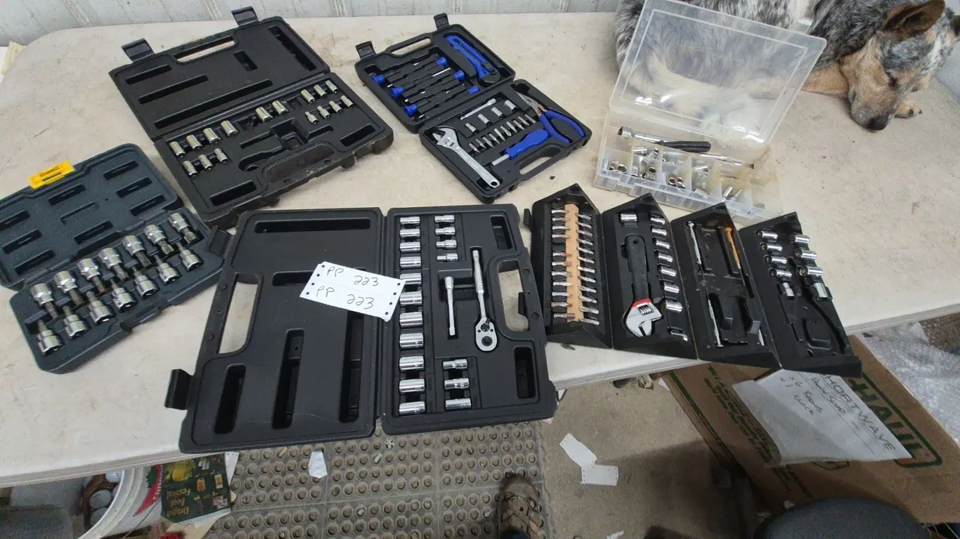 Assorted Tool Sets: 2 1/4” and 3/8” Drive Socket Sets, 2 Screwdriver and Bit Sets