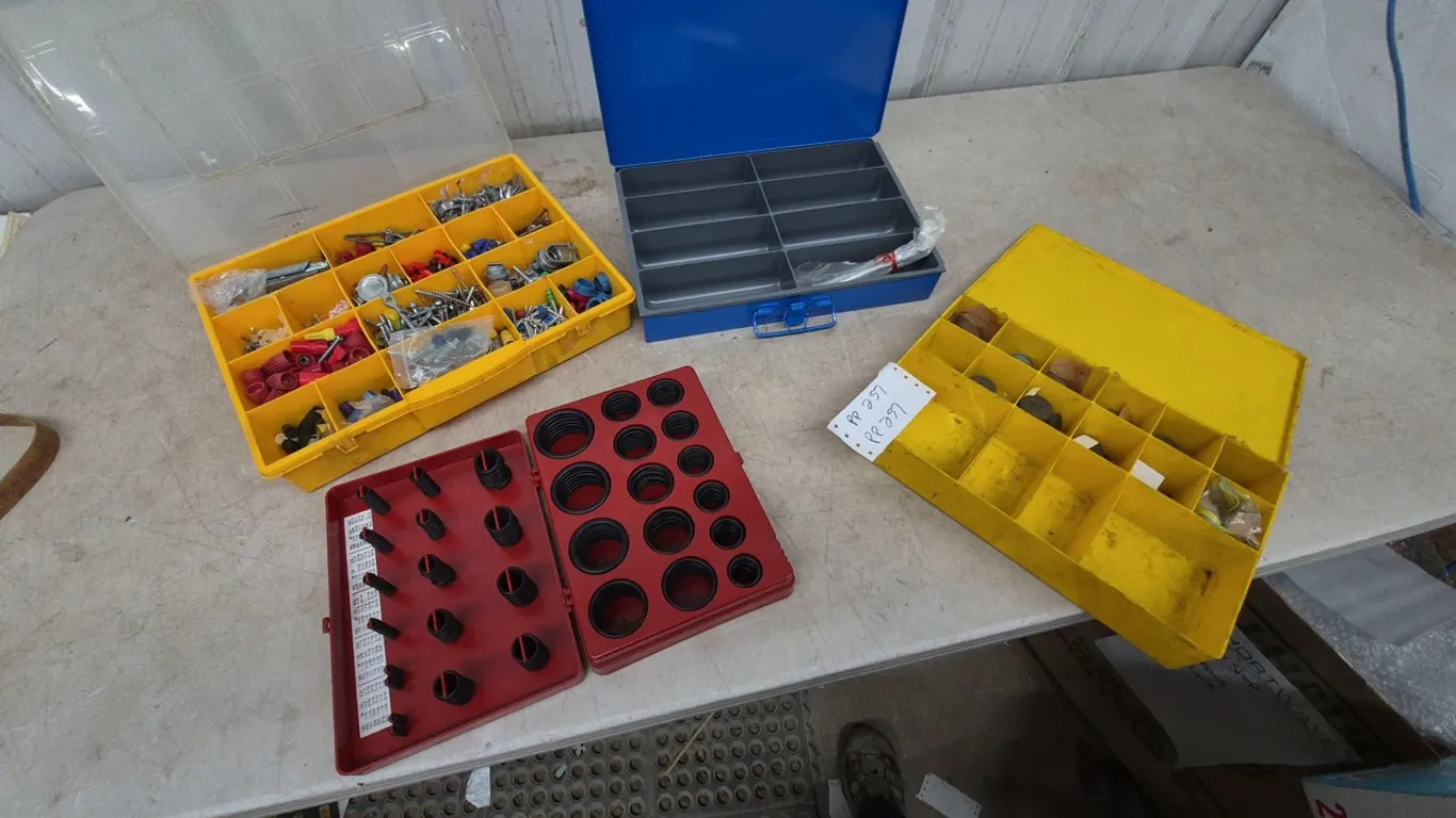 Four Organizers with O-Rings, Wire Nuts, Screws, and Assorted Hardware