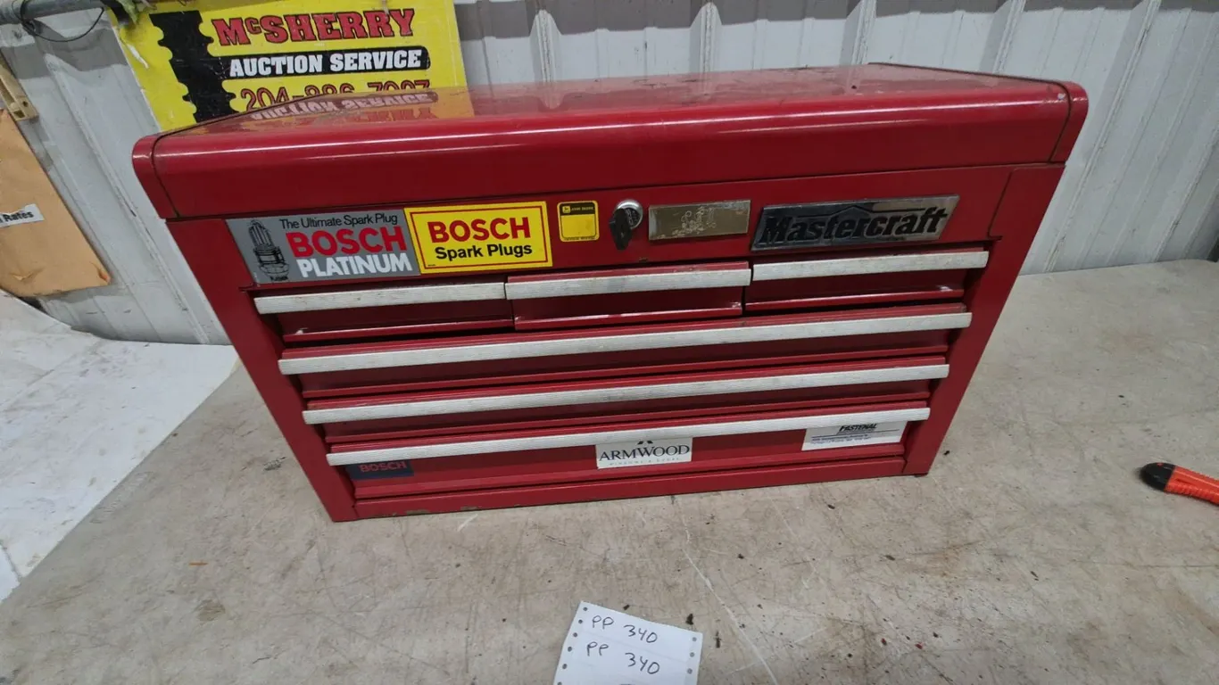Mastercraft Red 6-Drawer Tool Chest w Key, and odds Contents. 15”×26”×12”