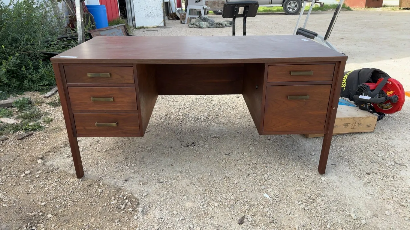 Mid-Century Modern Style Desk with Six Drawers and Brass Pulls 30 × 60 × 29