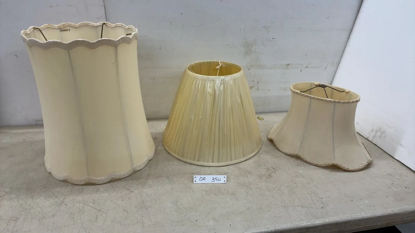 Three Assorted Cream Fabric Lampshades, Scalloped Empire, Pleated Conical, and Bell Shapes