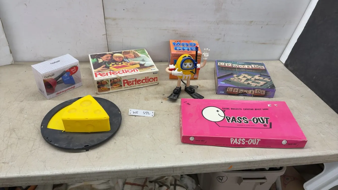 Vintage Board Games, M&M's Yellow Snorkeling Radio, Buzzy Booze Bell Set, Kite and Mor