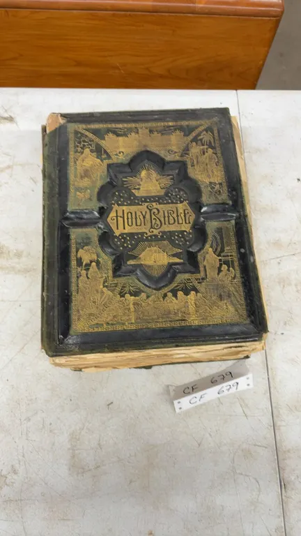Antique 19th Century Illustrated Family Holy Bible with Embossed Gold and Black Cover