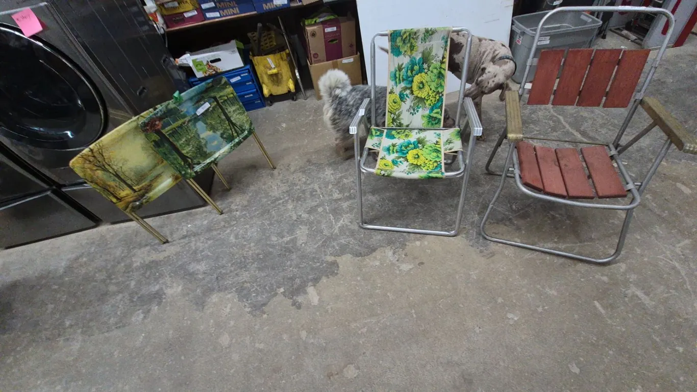 Vintage Aluminum and Wood Folding Chairs, Floral Sling Chair, and Landscape TV Trays